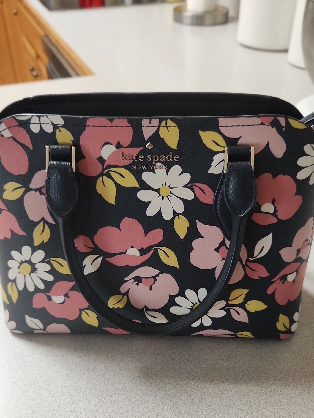 kate spade Black Floral Dome Satchel with Pink, White & Yellow Flowers